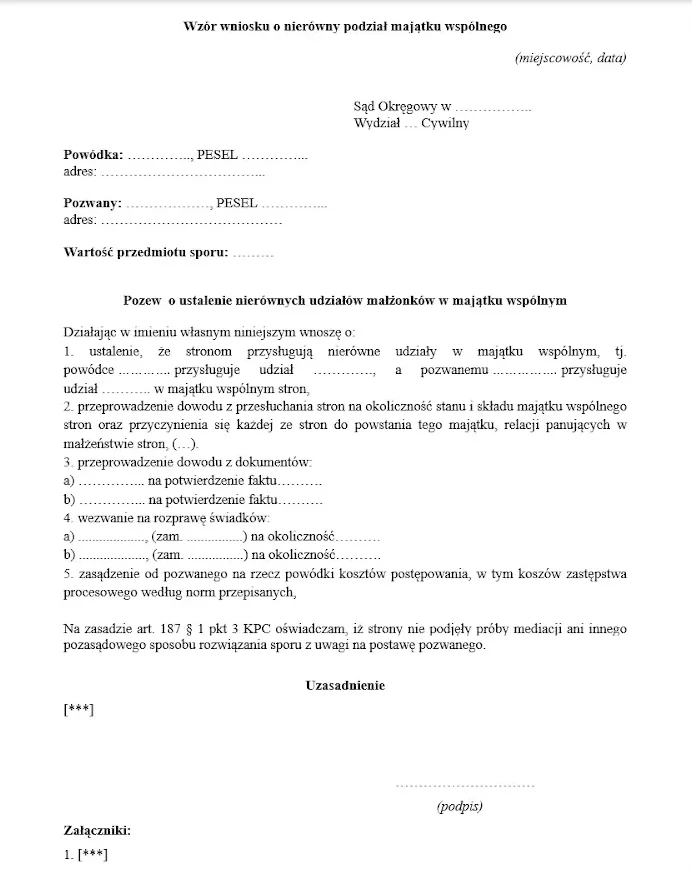 Wniosek o nierówny podział majątku wspólnego