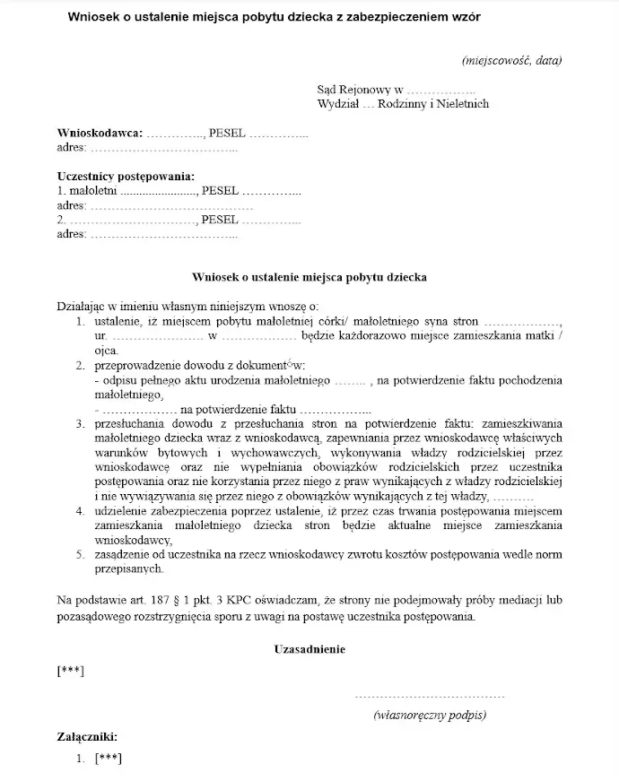 Wniosek o ustalenie miejsca pobytu dziecka z zabezpieczeniem wzór